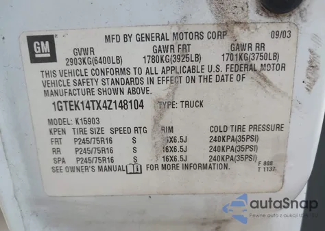 2004 GMC Sierra 1500 Work Truck из США, поврежденный, VIN 1GTEK14TX4Z148104